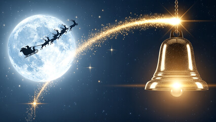 Magical Christmas Night with Santa Claus Sleigh Full Moon and Golden Bell Holiday Season
