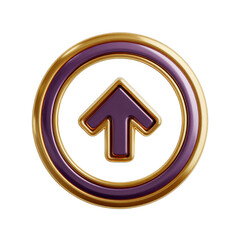 A shiny metallic upward arrow encapsulated within a golden circular border, showcasing a vibrant purple hue around the edge, emphasizing direction on transparent background.