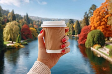 Holding a coffee cup outdoors in a park with autumn trees and a lake