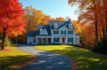 Autumn photo of classic American residential house surrounded by colorful trees. The driveway leads to the garage. Front yard features green lawn and foliage.