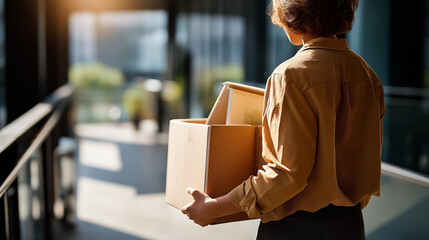 Office corridor person carrying a cardboard box of gadgets like leaving work behind shot from behind faceless strong negative space digital detox burnout recovery tech