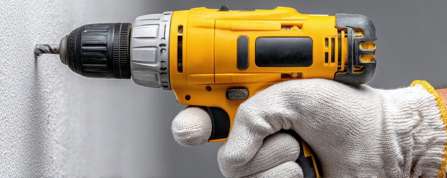 Person wearing white gloves uses a yellow cordless drill to drill into a wall for construction work