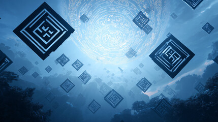 Blizzard creating shifting geometric shapes and mystical symbols in mid-air