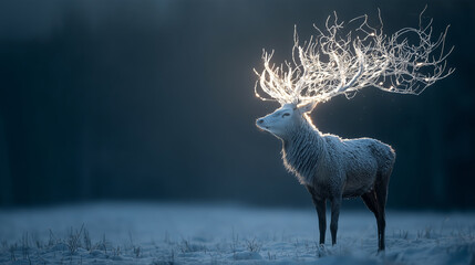 Snowstorm shaping into a majestic stag with glowing antlers made of frost