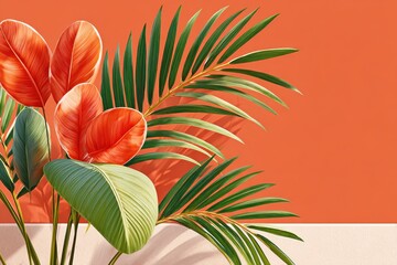 Tropical palm leaves against a solid orange background for vibrant lifestyle and decor projects