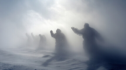 Snow blowing into ghostly humanoid silhouettes reaching out from the icy fog