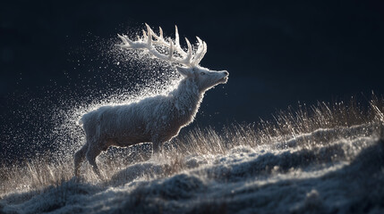 Snowstorm shaping into a majestic stag with glowing antlers made of frost