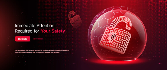 Cyber Crime Attack. Cyber Security Alert With Glowing Unlock Icon In Red Protective Sphere, Digital Cybersecurity Warning Banner For Online Safety, Futuristic Tech Threat Concept, Vector Illustration © Oleg