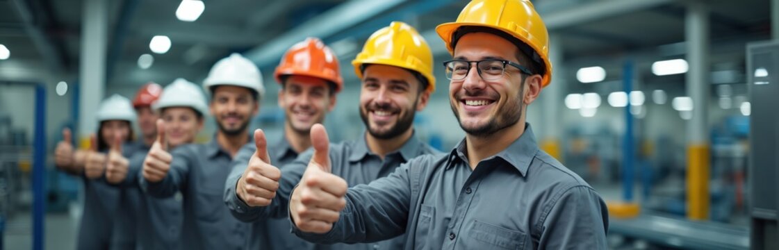 Group of diverse industrial workers in uniform, hard hats give thumbs up sign inside factory. They smile expressing positive team spirit, job satisfaction. This photo represents safe work environment. - Powered by Adobe