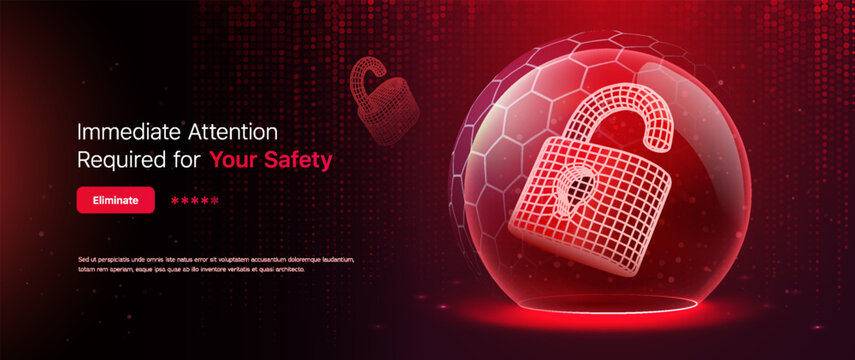 Cyber Crime Attack. Cyber Security Alert With Glowing Unlock Icon In Red Protective Sphere, Digital Cybersecurity Warning Banner For Online Safety, Futuristic Tech Threat Concept, Vector Illustration