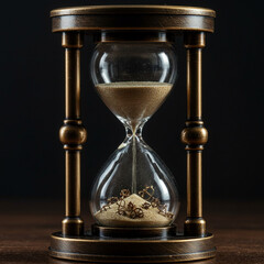 Vintage hourglass with sand in dark setting on wooden table  