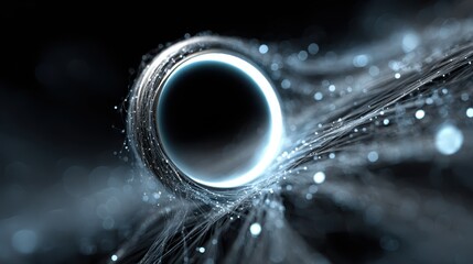 Abstract composition featuring a circular void surrounded by luminous streaks and particles, creating a cosmic and ethereal impression with a sense of motion and mystery