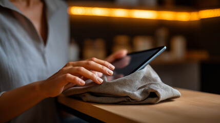 Faceless hands wrapping a tablet in a cloth and placing it on a shelf like it’s a ritual cinematic soft light no brands digital minimalism tech fatigue screen break mindful