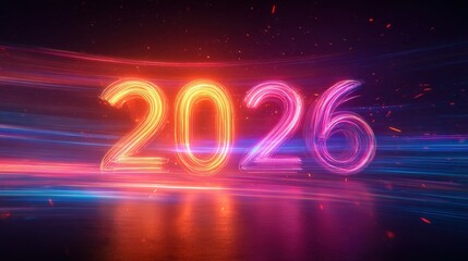 Glowing light trails form the year designation 2026 against a dynamic dark background