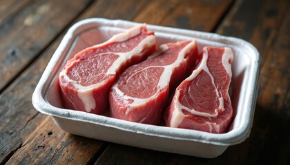 Raw pork cuts rest in styrofoam container on wooden table. Three steaks display red meat texture. This image suggests a fresh meal preparation or butcher shop setting.