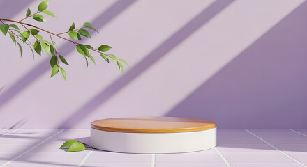 Product Display Podium Stand Lavender Wood Leaves Shadows Copy Space