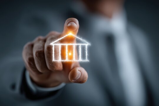 Businessman touching a holographic bank building representing digital finance and future banking concepts