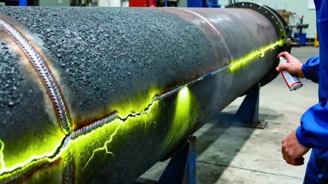 Technician performs dye penetrant test on steel welds revealing surface cracks under bright light for accurate integrity inspection in industrial setting.