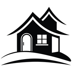 Black home on a curving hill shows arched door and window, symbolizing shelter