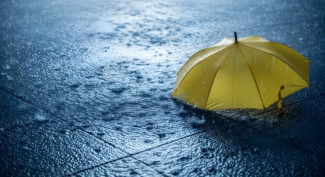 Bright yellow umbrella stands on dark wet ground during heavy rainfall, symbolizing climate change adaptation concept and weather resilience