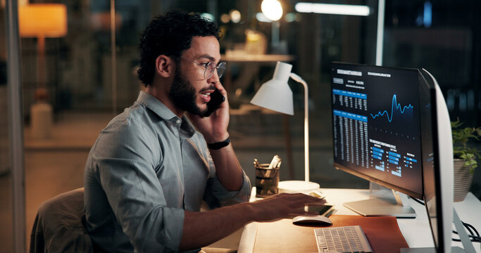 Phone call, computer and businessman in office at night for finance negotiation with client. Cellphone, stock market and financial advisor on mobile discussion for investment proposal in workplace. - Powered by Adobe