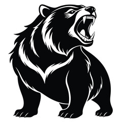 silhouette presents a powerful, roaring bear with visible teeth on white background