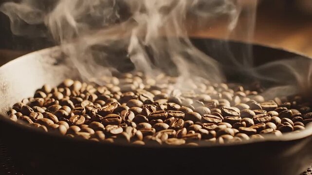 Freshly Roasted Coffee Beans Steaming in a Pan.