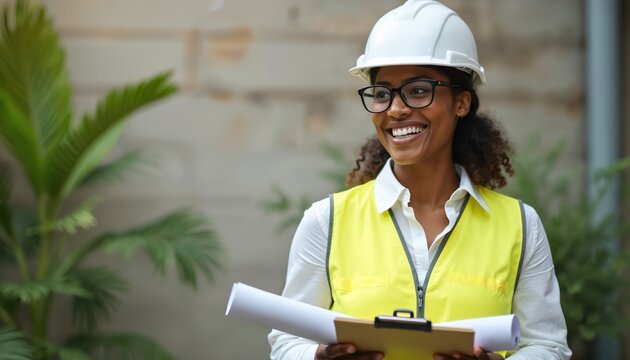 Young black woman engineer smiles confidently. Wears white hard hat, yellow safety vest, clear glasses. Professional female architect holds rolled blueprint, clipboard. Stands at busy construction