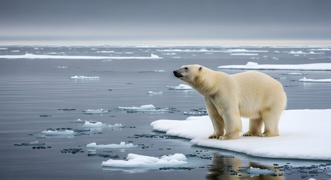 Polar bear standing on an ice floe looking out over the Arctic Ocean representing the climate change concept and habitat vulnerability
