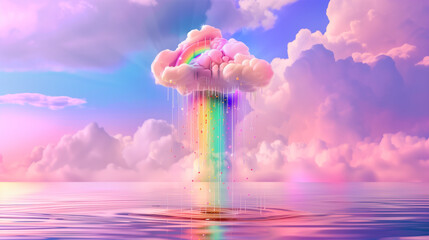 A large white cloud floats in the sky, with a rainbow stretching down from it toward the ground.