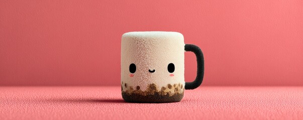 Cute marshmallow mug with a smiling face on a pink background inspires cozy moments