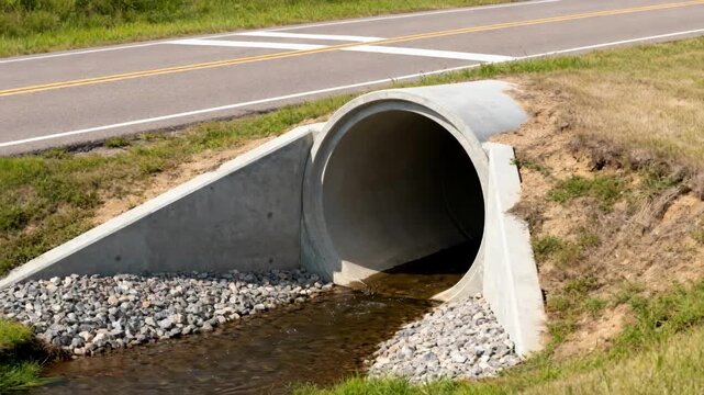 Medium shot of a culvert placement beneath a rural roadway allowing water to pass safely under traffic while maintaining site drainage efficiency.
