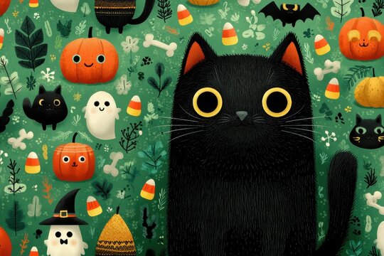 Cute Halloween pattern with black cat pumpkins ghosts and candy corn for festive stock use