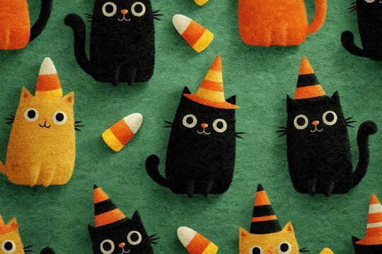 A cute pattern of black cats wearing witch hats with orange candy accents on a green textured background - Powered by Adobe