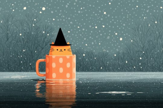 Whimsical orange cat in a polka dot coffee mug wearing a witch hat in a snowy winter scene