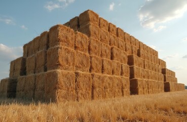 Large stack of rectangular straw bales in a golden field under a blue sky. Rural autumn harvest scene showing golden dry grass packed tightly. Agricultural background.