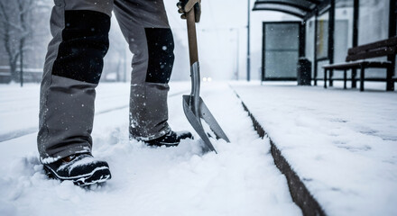 Man shoveling snow from pavement next to a bus stop during winter snowfall. Snow removal service for city infrastructure and public transport.