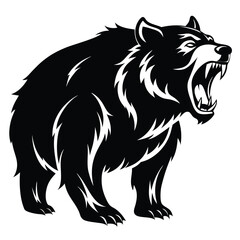 Ferocious black bear roars aggressively, revealing sharp teeth and a powerful presence in solid black