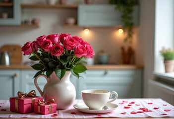 Vase with beautiful rose flowers, engagement ring, tea set and gifts for Valentine's Day on table in kitchen