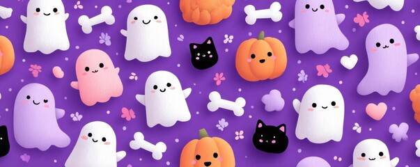 Seamless pattern of cute cartoon ghosts with pumpkins, cats, bones on a purple background playful