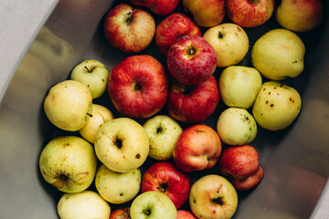 Close-up of unperfect, rustic apples in a bowl, freshly harvested from the farm.