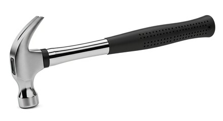 Sleek steel hammer with ergonomic black handle.
