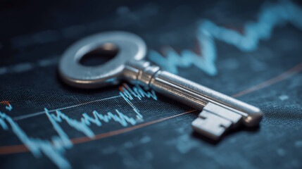 Metal key lying on financial data chart representing security access control investment strategy risk management and market analysis in modern finance background