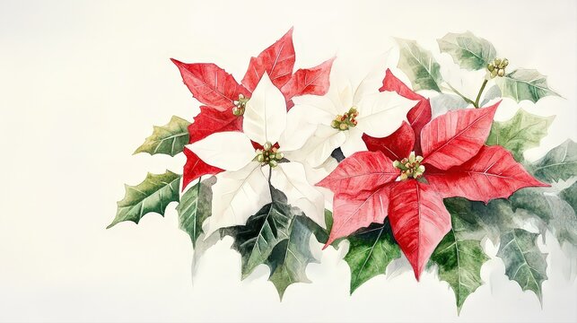 Winter watercolor: red and white poinsettia in a festive composition, copy cpace