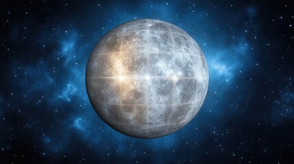 A celestial sphere with grid lines, set against a nebulae background