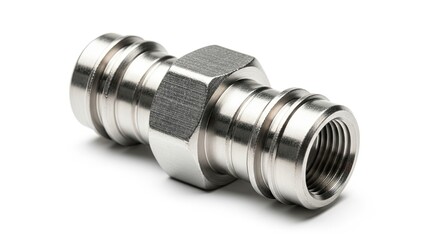 Stainless steel pipe connector on a white background.