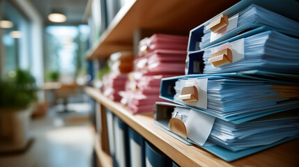 Shelf scene labeled folders with blank labels stacks of printed tables neatly organized no person visible calm order analog data archive document management paper storage