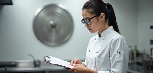 Young female chef in glasses reads recipe document on clipboard. Works focused in modern kitchen, preparing food items for guests. Cook checks menu details carefully. Pro woman plans meal preparation