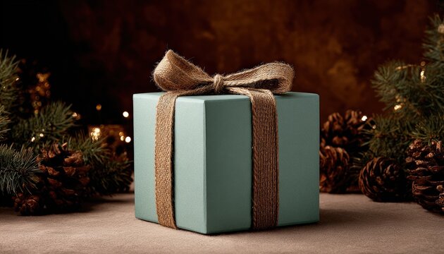 Square gift package adorned with natural fiber ribbon sits among pine branches and cones