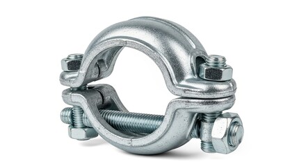Close-up of a shiny metal pipe clamp.